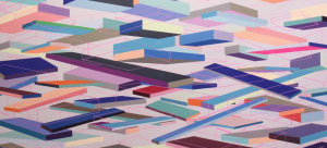 Image: colorful painting with dynamic rectangular shapes floating against a light pink/lavender background