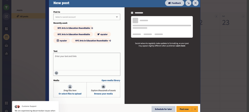 Image: Screenshot from social media scheduling tool Hootsuite, which shows how one would schedule a social media post--what platform, what language, what image/s, what time to post.